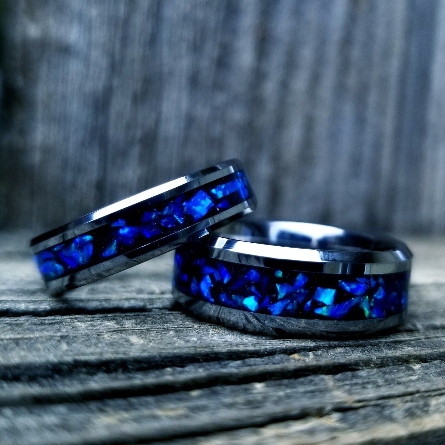 Tungsten carbide glow ring with blue violet opal and glowstone inlay. Men's ring. Women's ring. Wedding ring. Glow ring Sizes 5-13