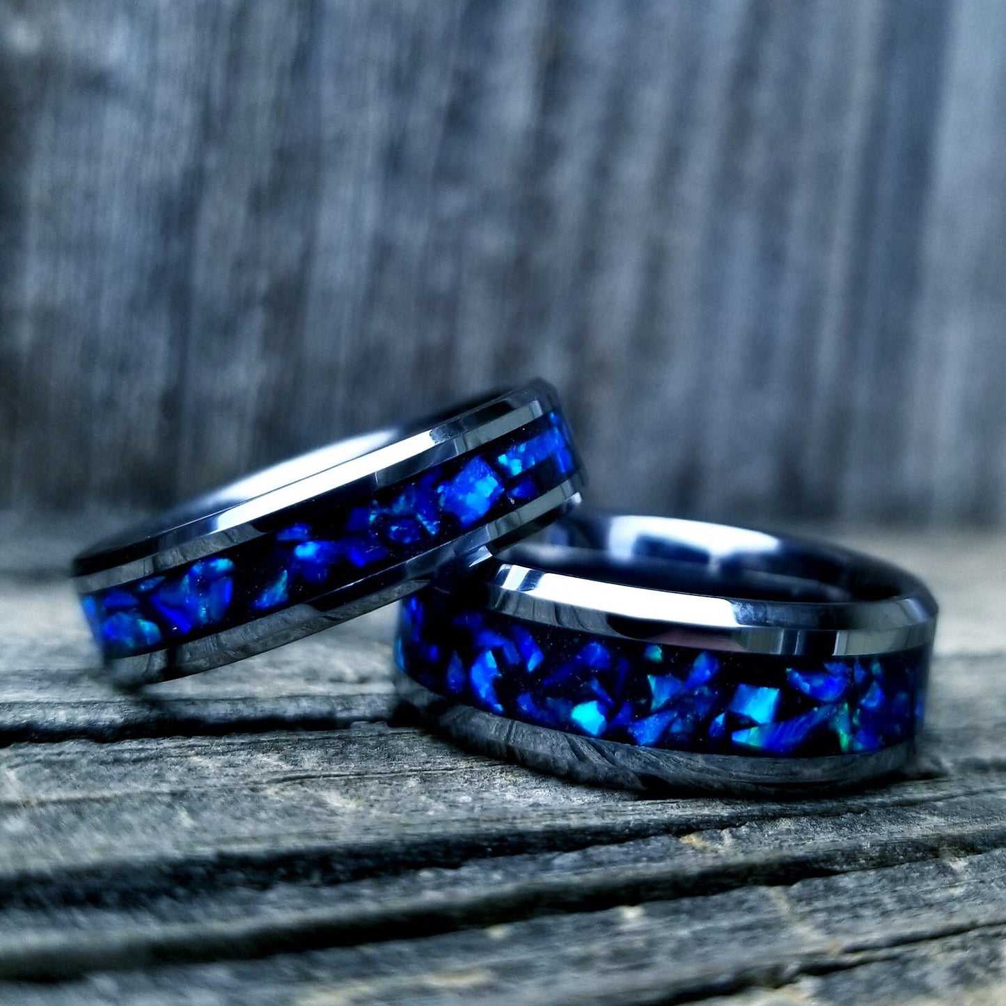 Tungsten carbide glow ring with blue violet opal and glowstone inlay. Men's ring. Women's ring. Wedding ring. Glow ring Sizes 5-13