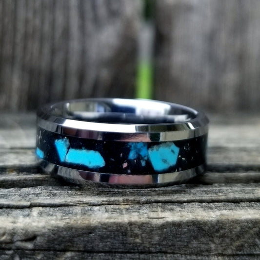 Tungsten carbide glow ring with turquoise inlay. Glow ring. black glow ring, Men's ring. Woman's ring. Turquoise ring. Sizes 5-13