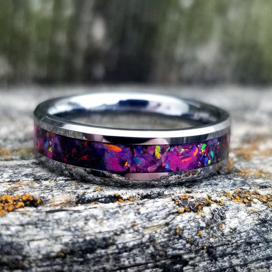 Tungsten carbide galaxy opal glow ring with ruby red and black fire opal inlay. Tungsten glow ring. Men's ring. women's ring. Sizes 5-13