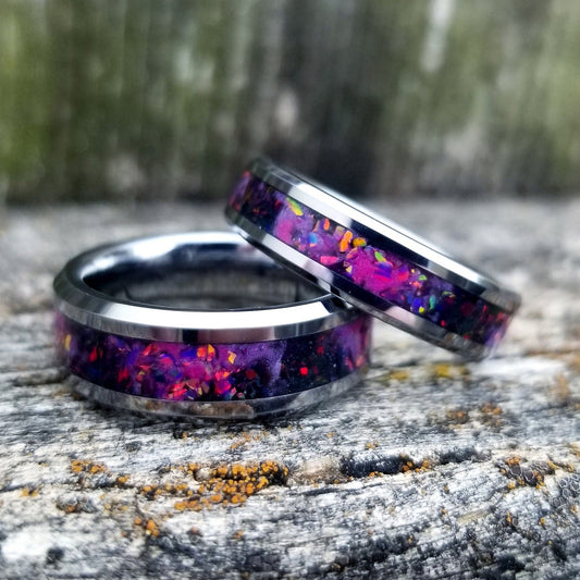 His and Hers wedding ring set. Galaxy fire opal ring. Tungsten carbide glow ring with ruby red and black fire opal inlay. Sizes 5-13