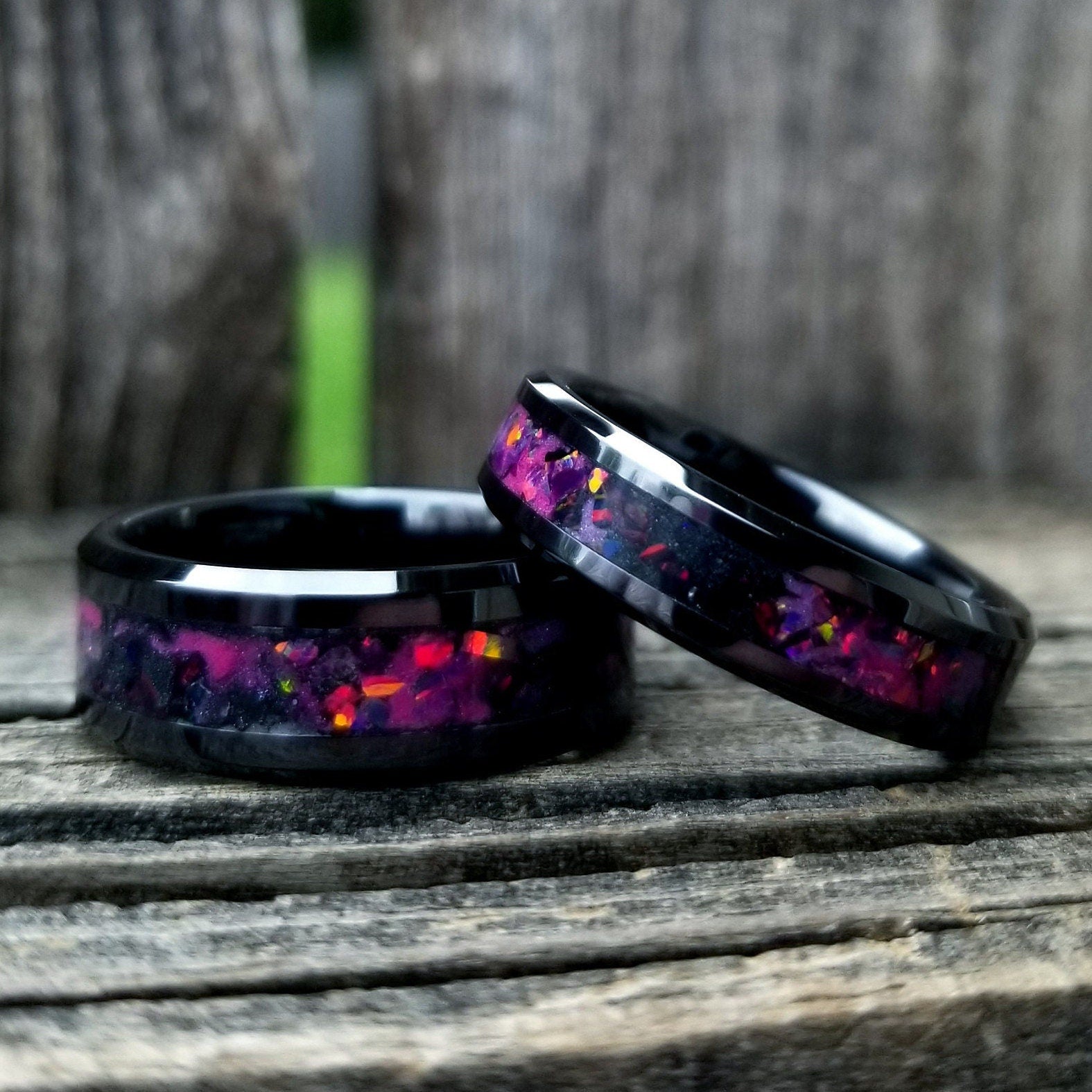 His & Hers Wedding Ring Set - Galaxy Fire Opal Ring - Black Ceramic Glow Ring with Ruby Red & Black Fire Opal Inlay - Sizes 5-13 - Orth Custom Rings