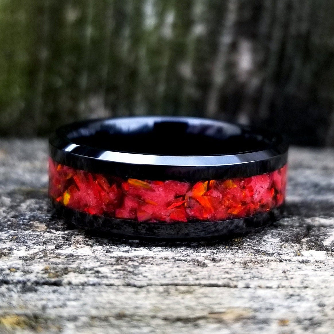 His and Hers Wedding Ring Set. Opal rings. Black Ceramic ring set with red fire opal and glowstone inlay. 8mm and 6mm rings. Sizes 5-13