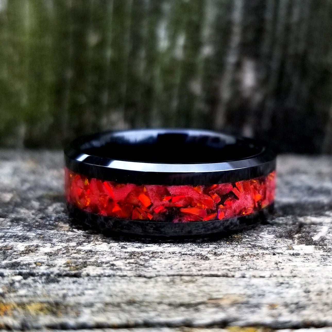 His and Hers Wedding Ring Set. Opal rings. Black Ceramic ring set with red fire opal and glowstone inlay. 8mm and 6mm rings. Sizes 5-13