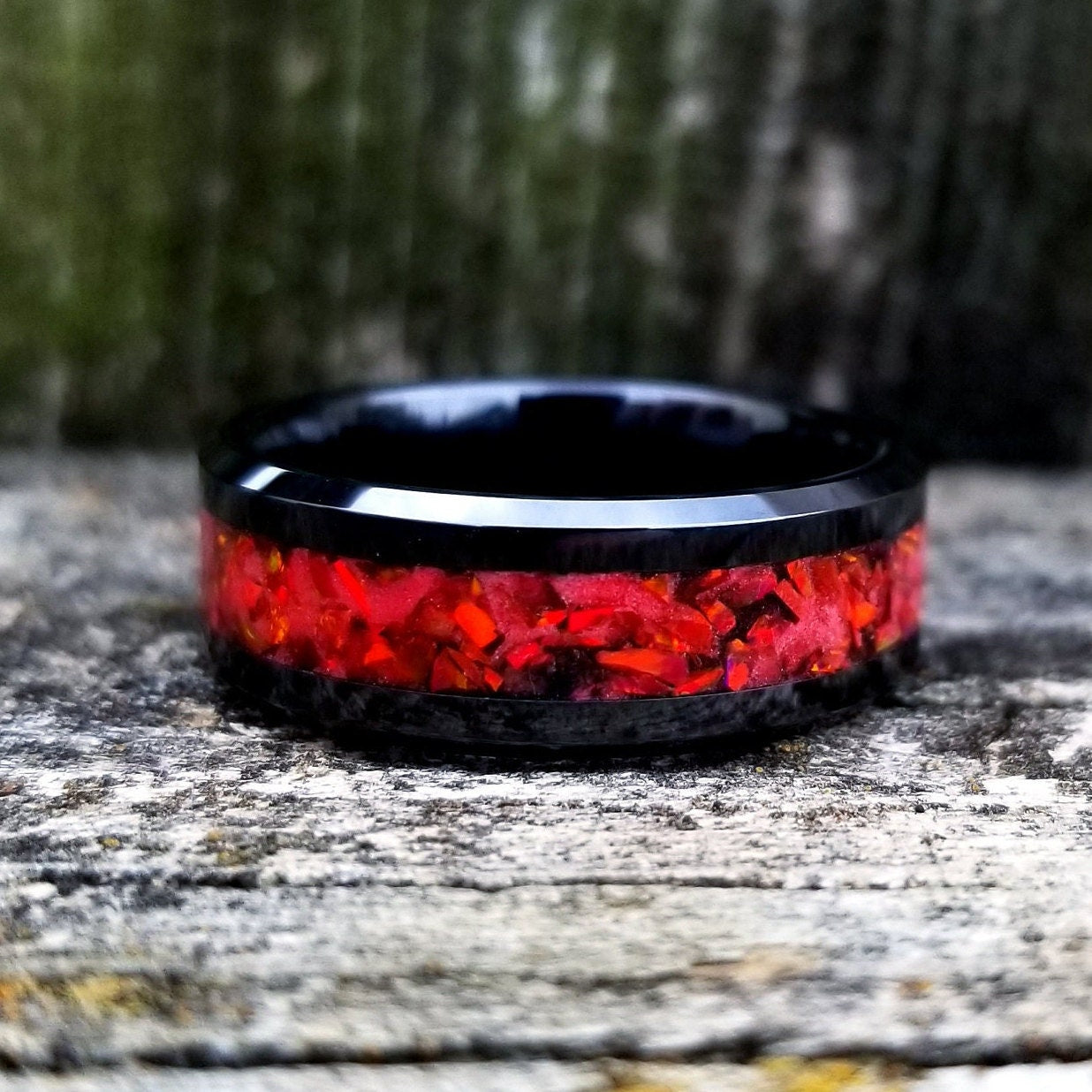 Black ceramic ring with red fire opal and glowstone inlay. Black ceramic ring. Red opal. Opal ring. Men's ring. Women's ring. Sizes 5-13
