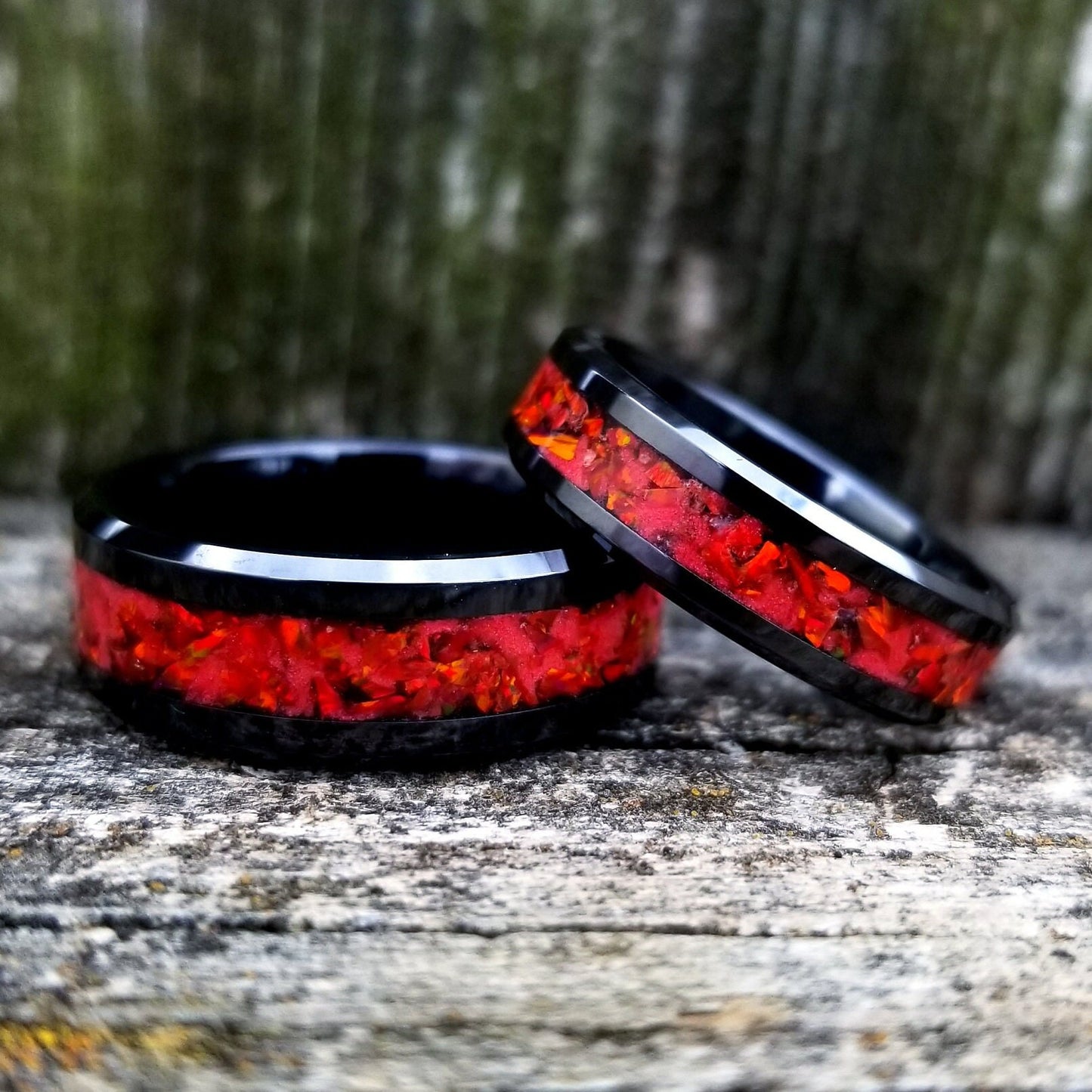 Black ceramic ring with red fire opal and glowstone inlay. Black ceramic ring. Red opal. Opal ring. Men's ring. Women's ring. Sizes 5-13