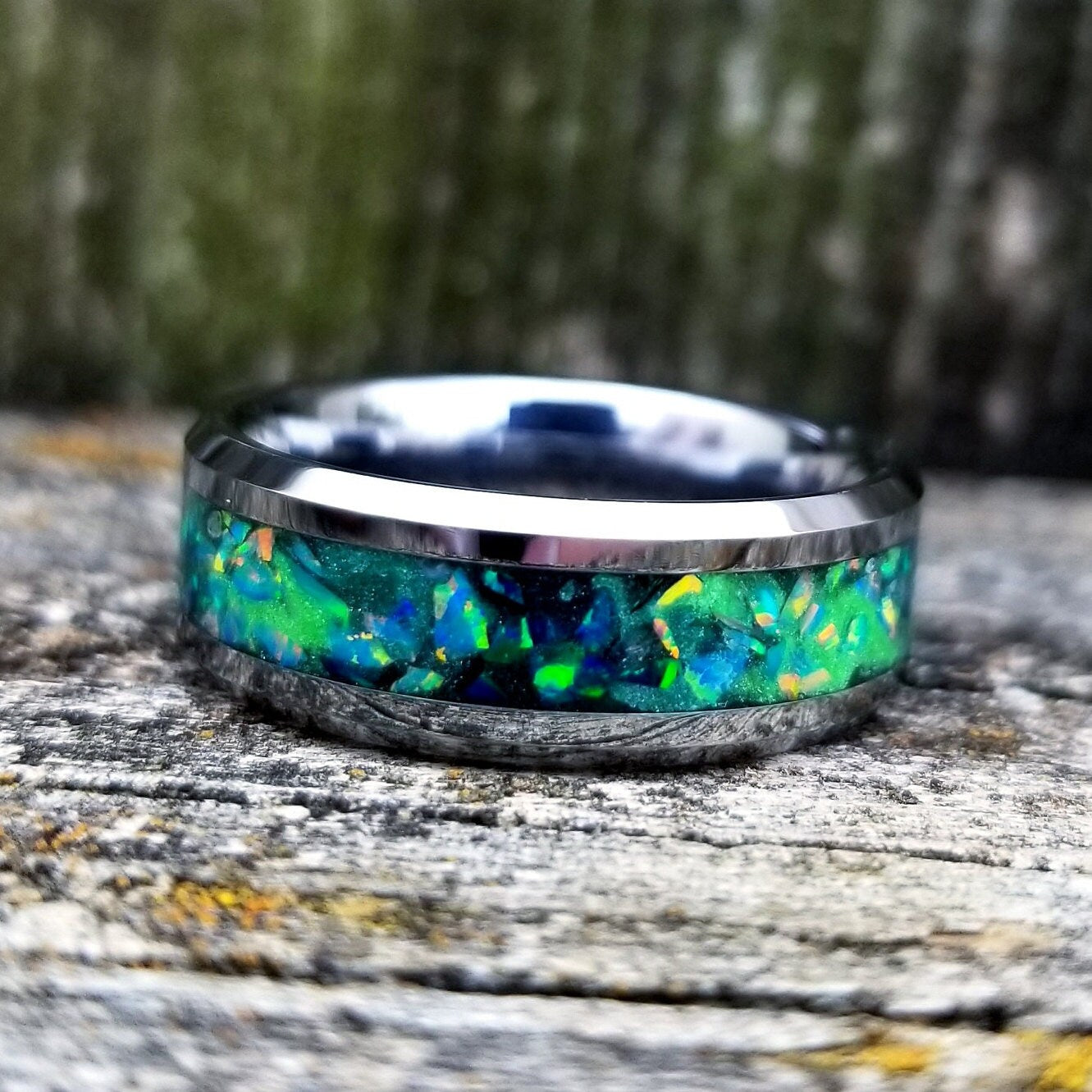 Galaxy opal ring. Tungsten carbide glow ring with forest green opal and jade fire opal inlay. Men's ring. Sizes 5-13