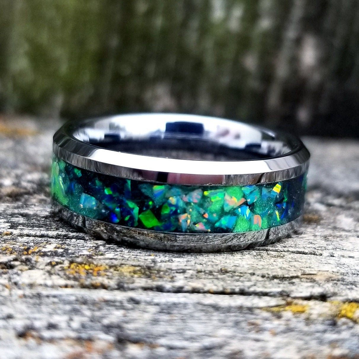 Galaxy opal ring. Tungsten carbide glow ring with forest green opal and jade fire opal inlay. Men's ring. Sizes 5-13