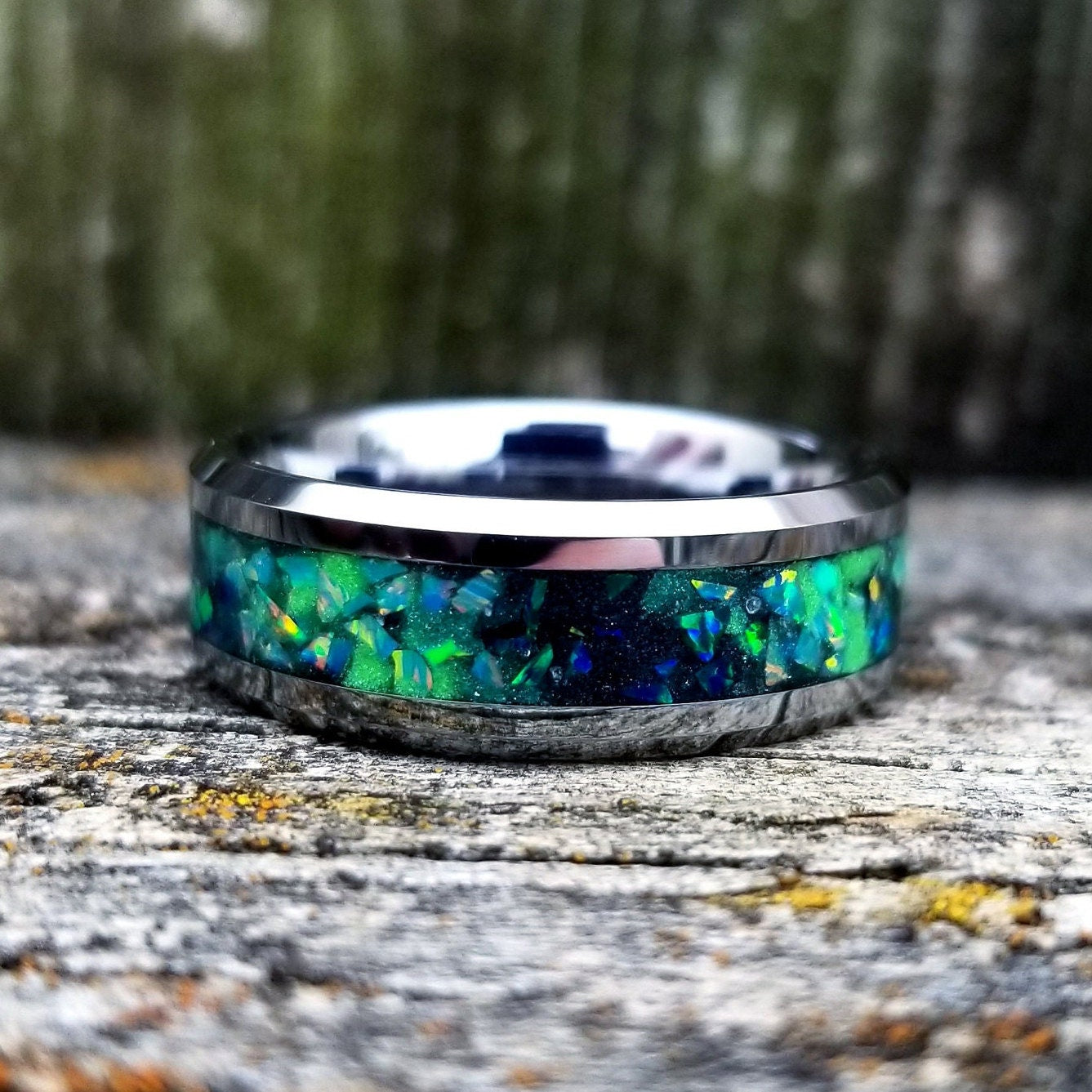 Galaxy opal ring. Tungsten carbide glow ring with forest green opal and jade fire opal inlay. Men's ring. Sizes 5-13