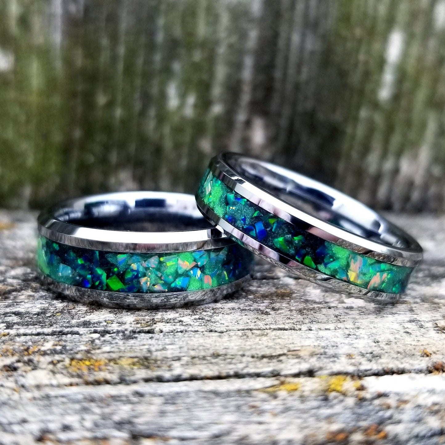 Galaxy opal ring. Tungsten carbide glow ring with forest green opal and jade fire opal inlay. Men's ring. Sizes 5-13