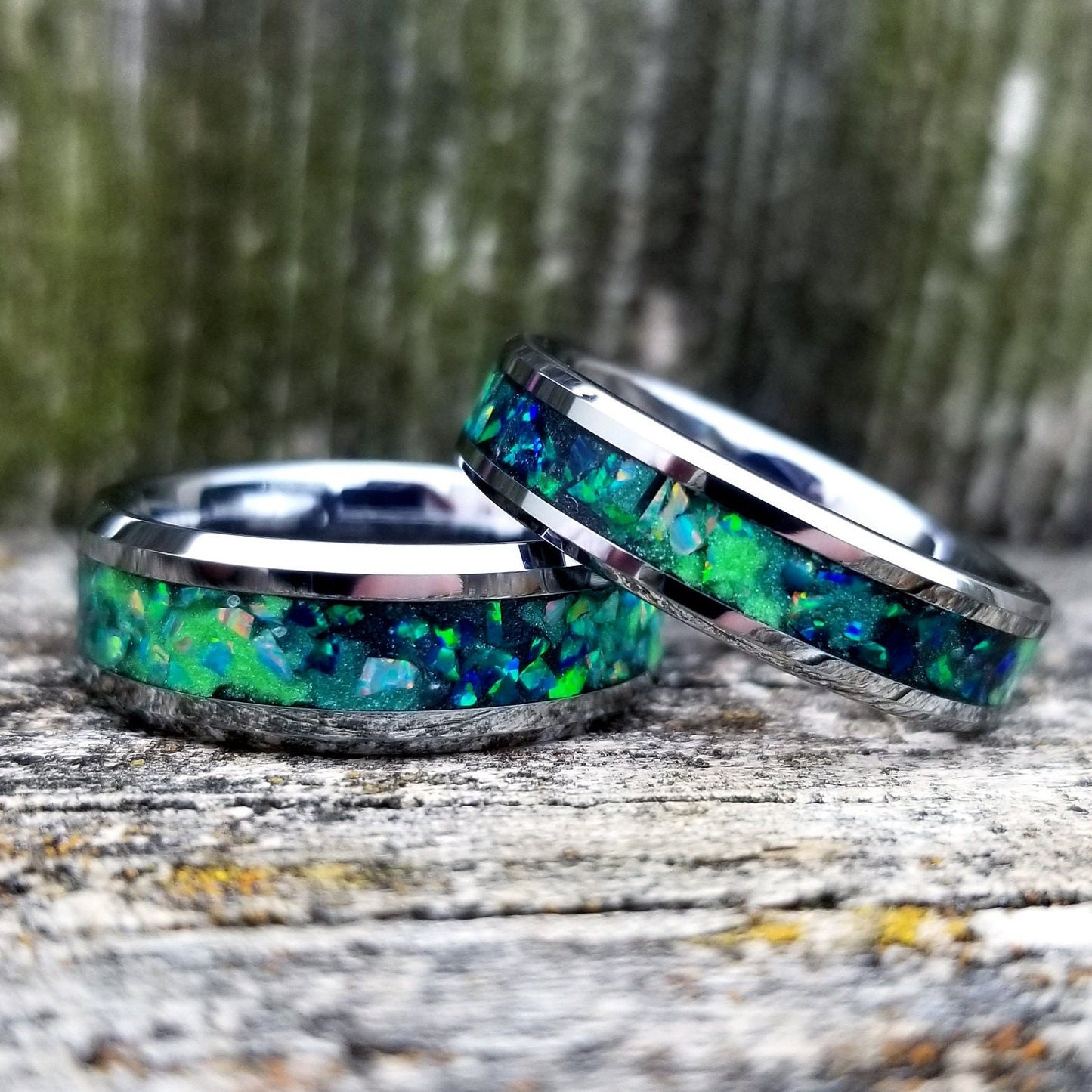 Galaxy opal ring. Tungsten carbide glow ring with forest green opal and jade fire opal inlay. Men's ring. Sizes 5-13