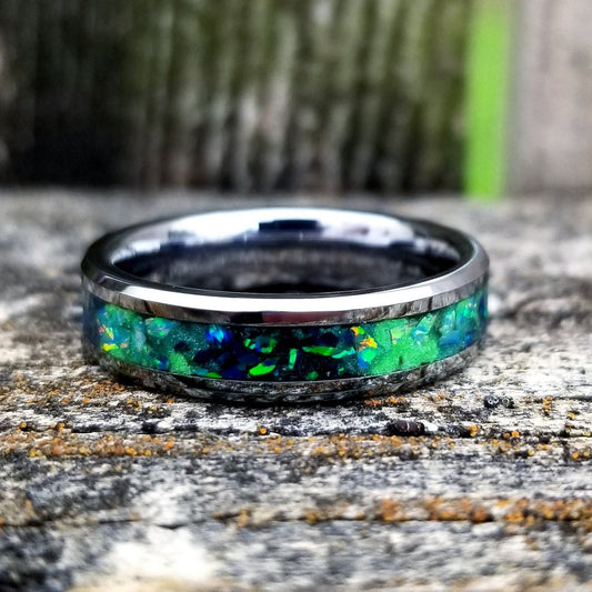Galaxy opal ring. Tungsten carbide glow ring with forest green opal and jade fire opal inlay. Men's ring. Sizes 5-13