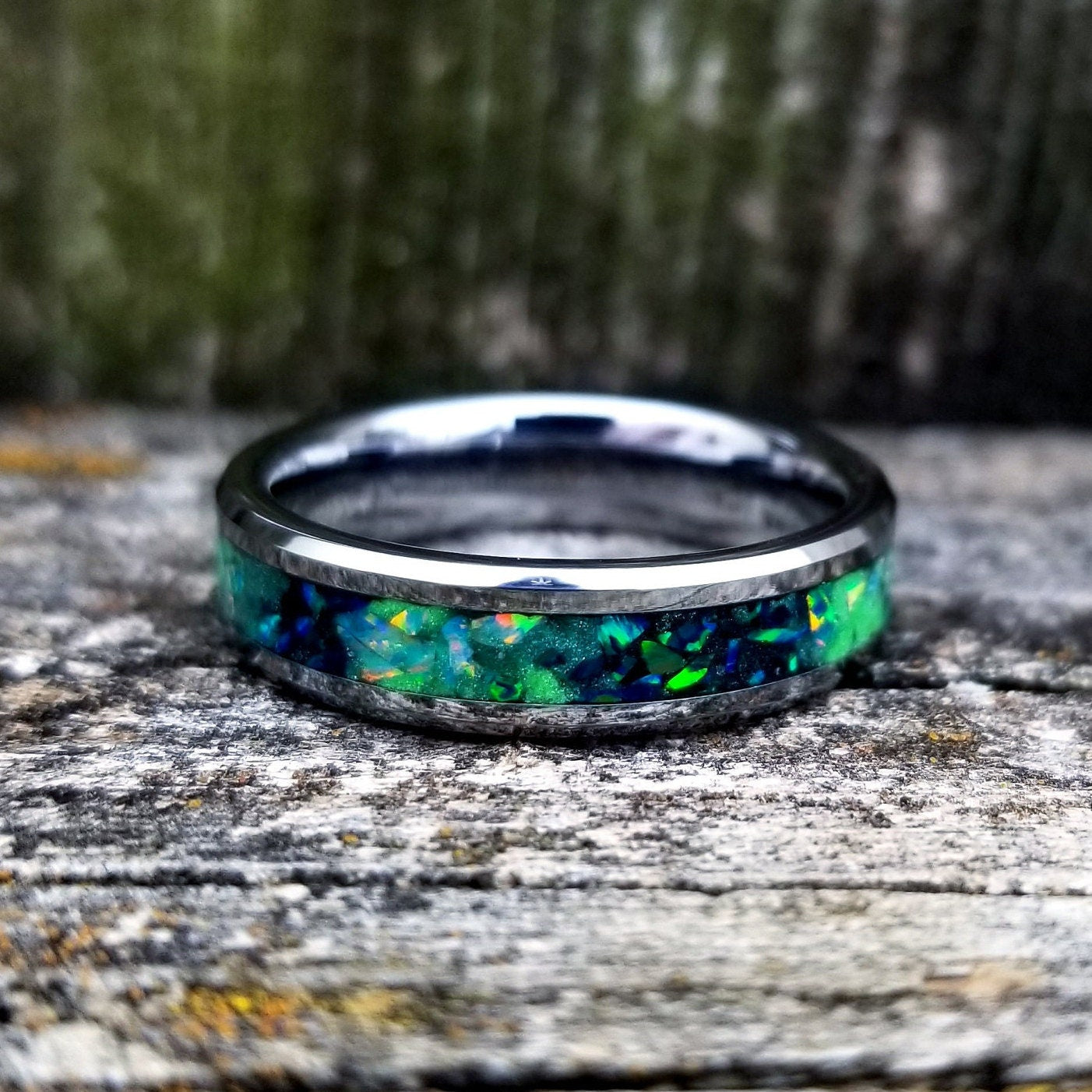 Galaxy opal ring. Tungsten carbide glow ring with forest green opal and jade fire opal inlay. Men's ring. Sizes 5-13