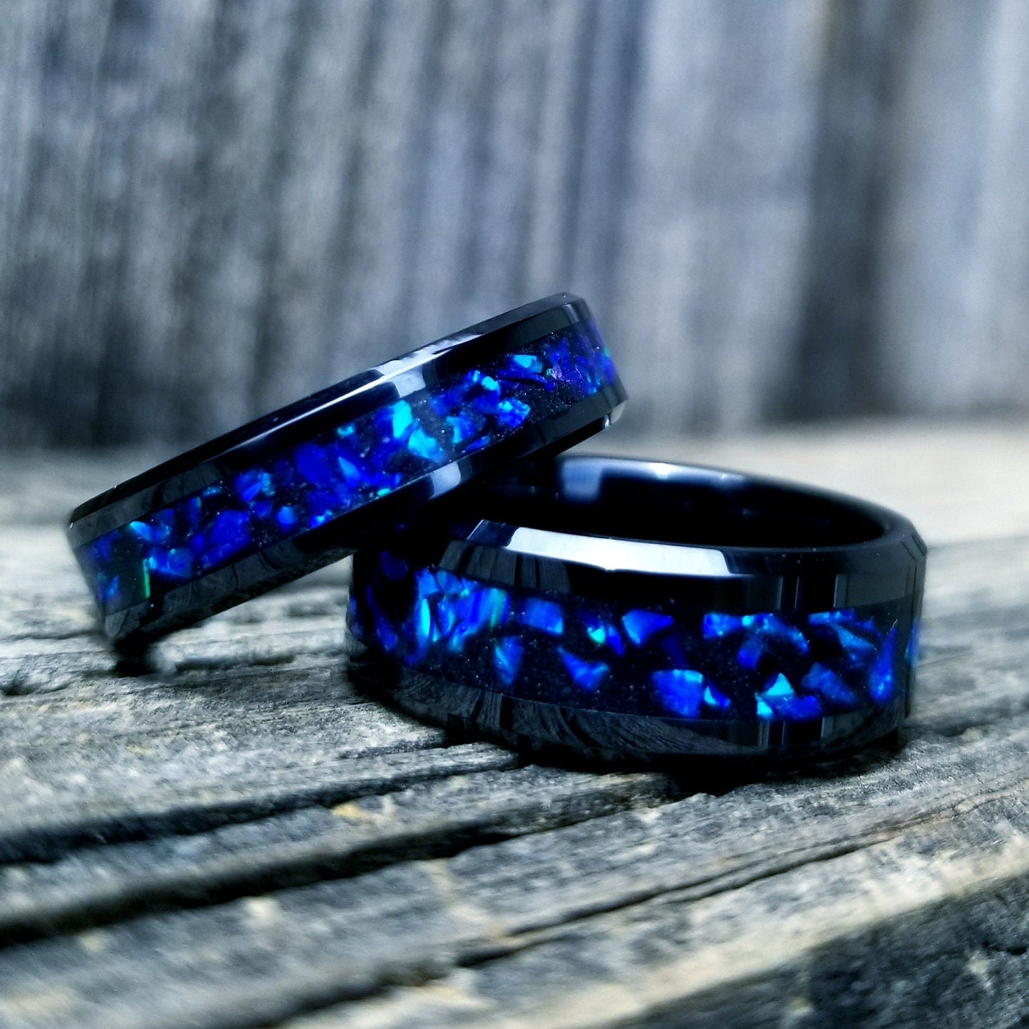 Black ceramic ring lavender blue opal glow ring. Black ceramic ring. blue opal ring. Opal ring. Men's ring. Women's ring. Sizes 5-13