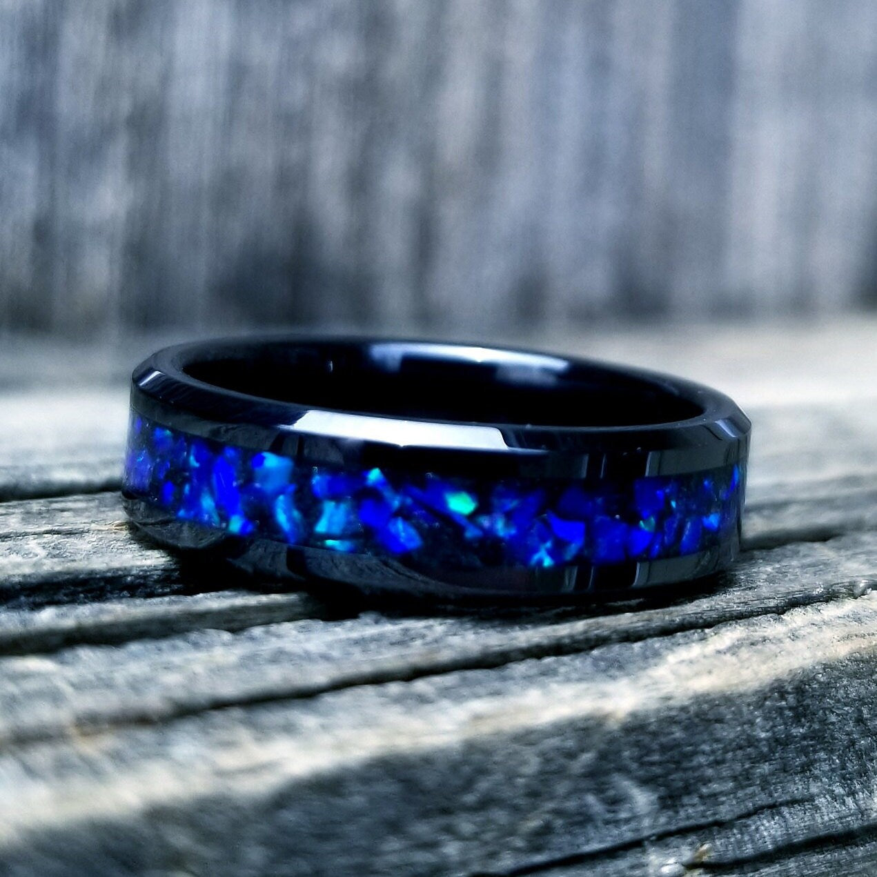 Black ceramic ring lavender blue opal glow ring. Black ceramic ring. blue opal ring. Opal ring. Men's ring. Women's ring. Sizes 5-13