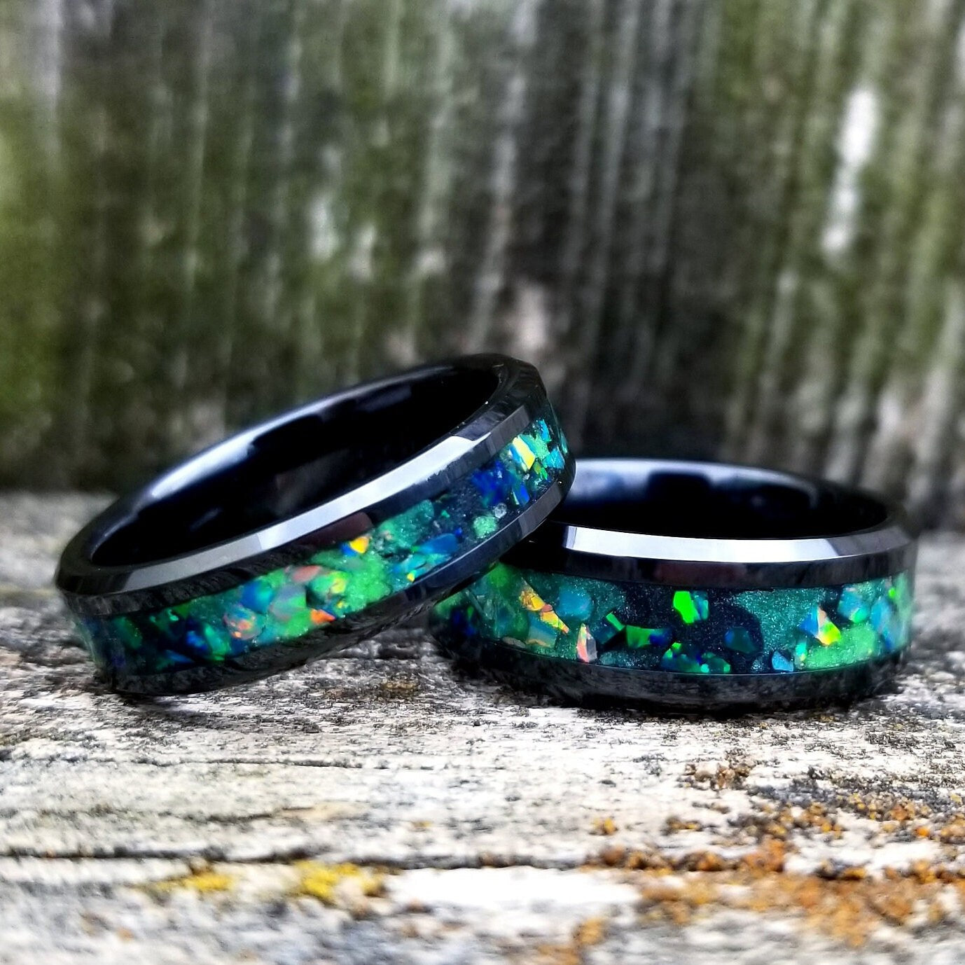 Galaxy opal ring. Black ceramic glow ring with forest green opal and jade fire opal inlay. Men's ring. Sizes 5-13