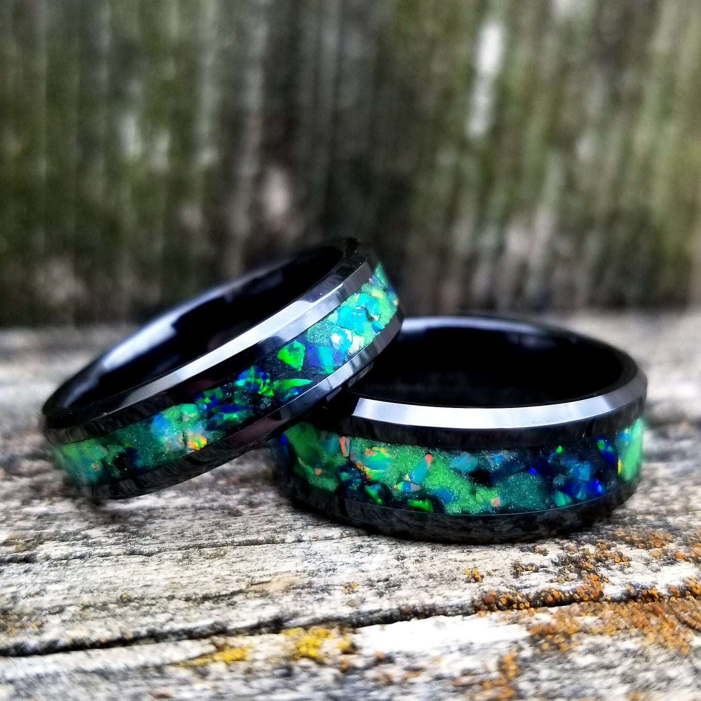 Galaxy opal ring. Black ceramic glow ring with forest green opal and jade fire opal inlay. Men's ring. Sizes 5-13
