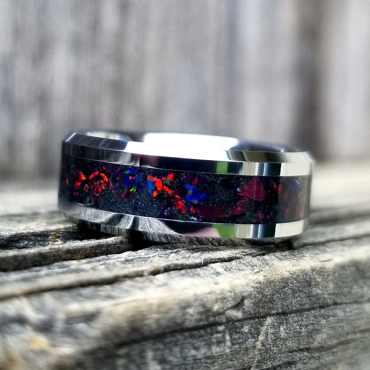 Tungsten carbide and fire opal blackout glow ring. Black ceramic ring. Black fire opal ring. Opal ring. Men's ring. Women's ring. Sizes 5-13