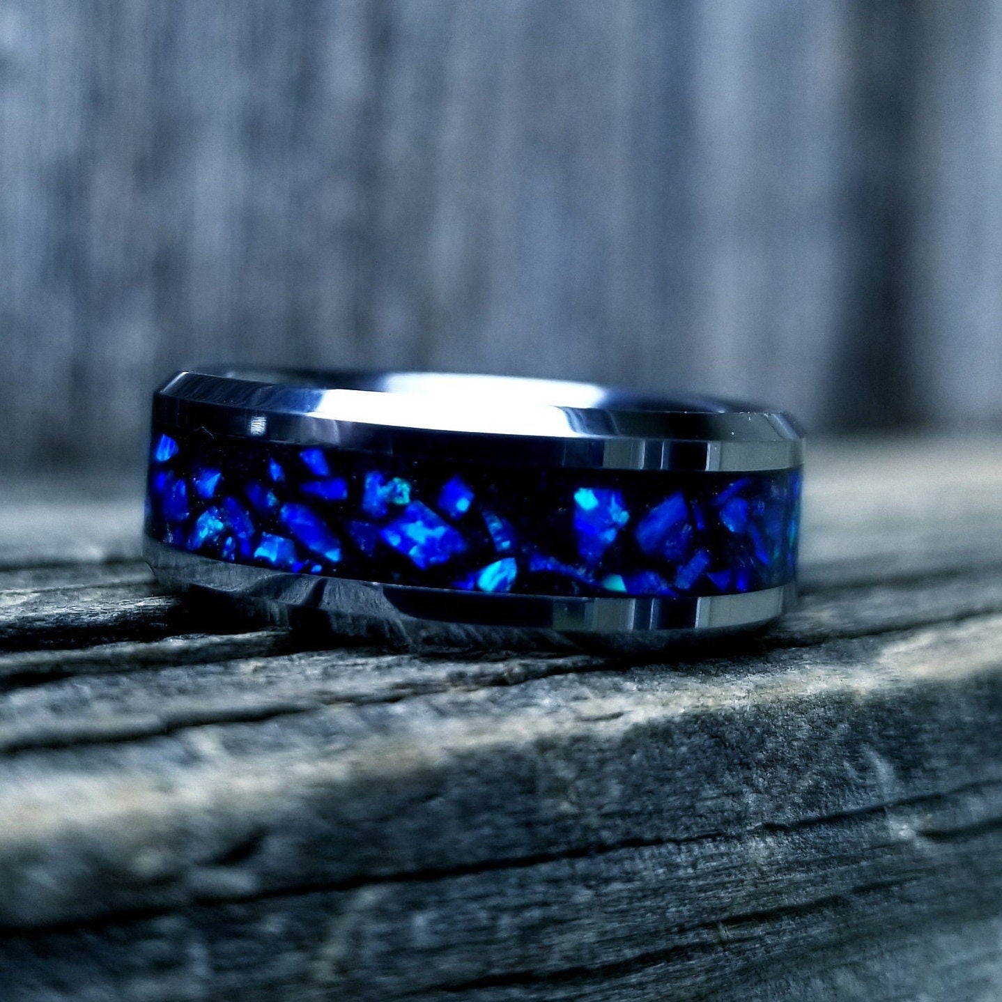 Tungsten carbide glow ring with blue violet opal and glowstone inlay. Men's ring. Women's ring. Wedding ring. Glow ring Sizes 5-13