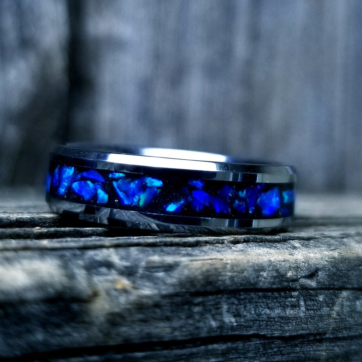 Tungsten carbide glow ring with blue violet opal and glowstone inlay. Men's ring. Women's ring. Wedding ring. Glow ring Sizes 5-13