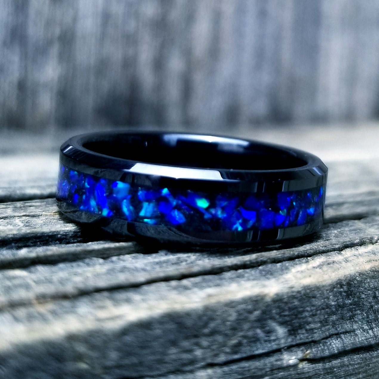 His and Hers Wedding Ring Set. Opal rings. Black Ceramic ring set with violet fire opal and glowstone inlay. 8mm and 6mm rings. Sizes 5-13