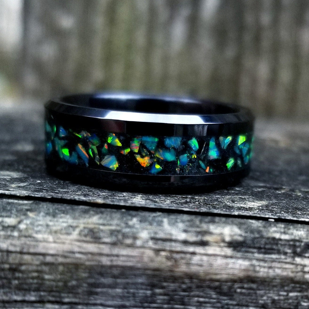 Black ceramic and jade opal blackout glow ring. Black ceramic ring. Black fire opal ring. Opal ring. Men's ring. Women's ring. Sizes 5-13