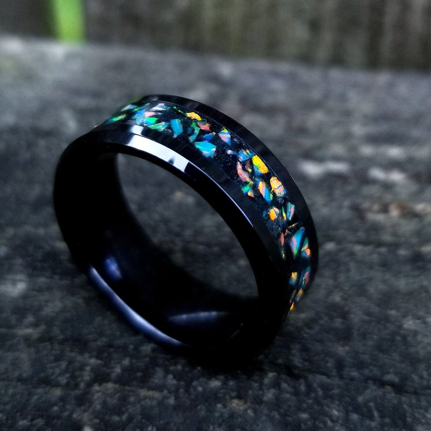 Black ceramic and jade opal blackout glow ring. Black ceramic ring. Black fire opal ring. Opal ring. Men's ring. Women's ring. Sizes 5-13
