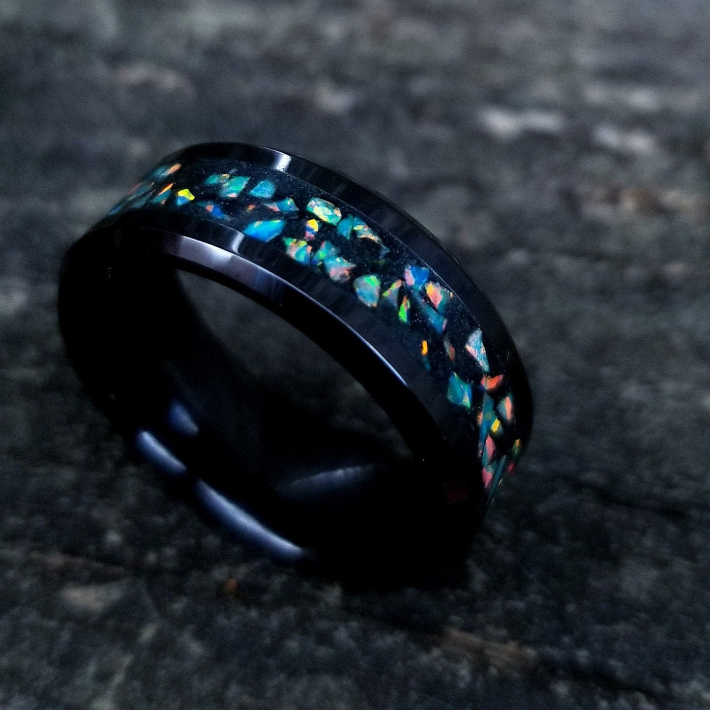 Black ceramic and jade opal blackout glow ring. Black ceramic ring. Black fire opal ring. Opal ring. Men's ring. Women's ring. Sizes 5-13