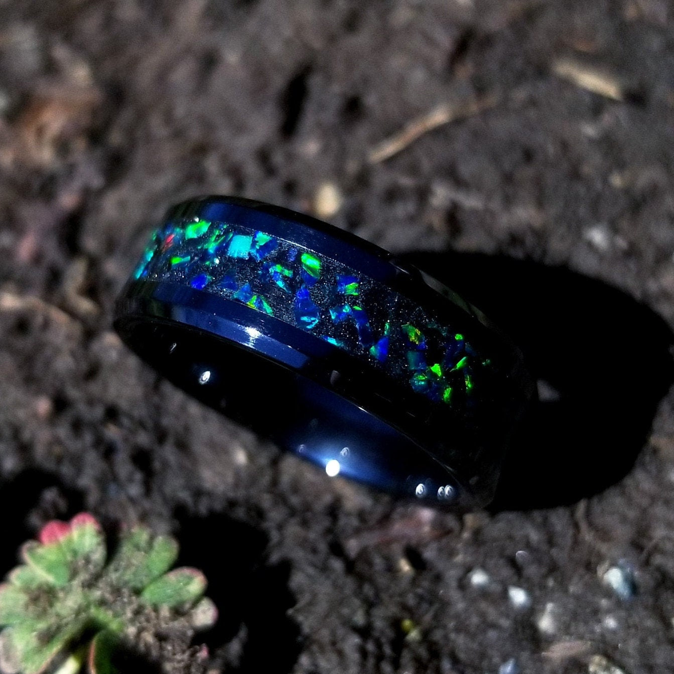 Black ceramic ring forest green opal glow ring. Black ceramic ring. green opal ring. Opal ring. Men's ring. Women's ring. Sizes 5-13