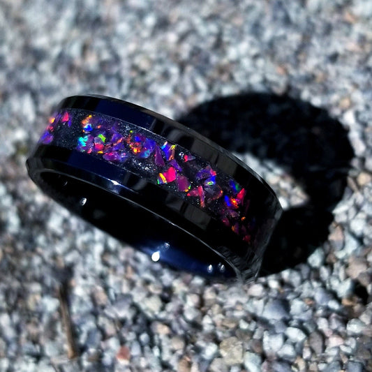 Black ceramic ring with ruby fire opal and glowstone inlay. Glow ring. Black fire opal ring. Opal ring. Men's ring. Women's ring. Sizes 5-13