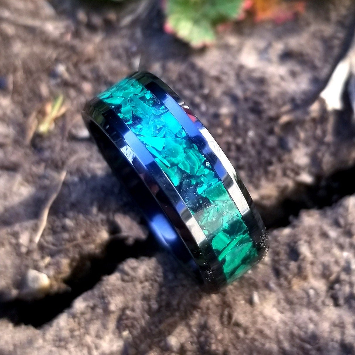 Black ceramic ring with full malachite inlay. genuine malachite ring. malachite jewelry Men's ring. Women's ring. Sizes 7-13