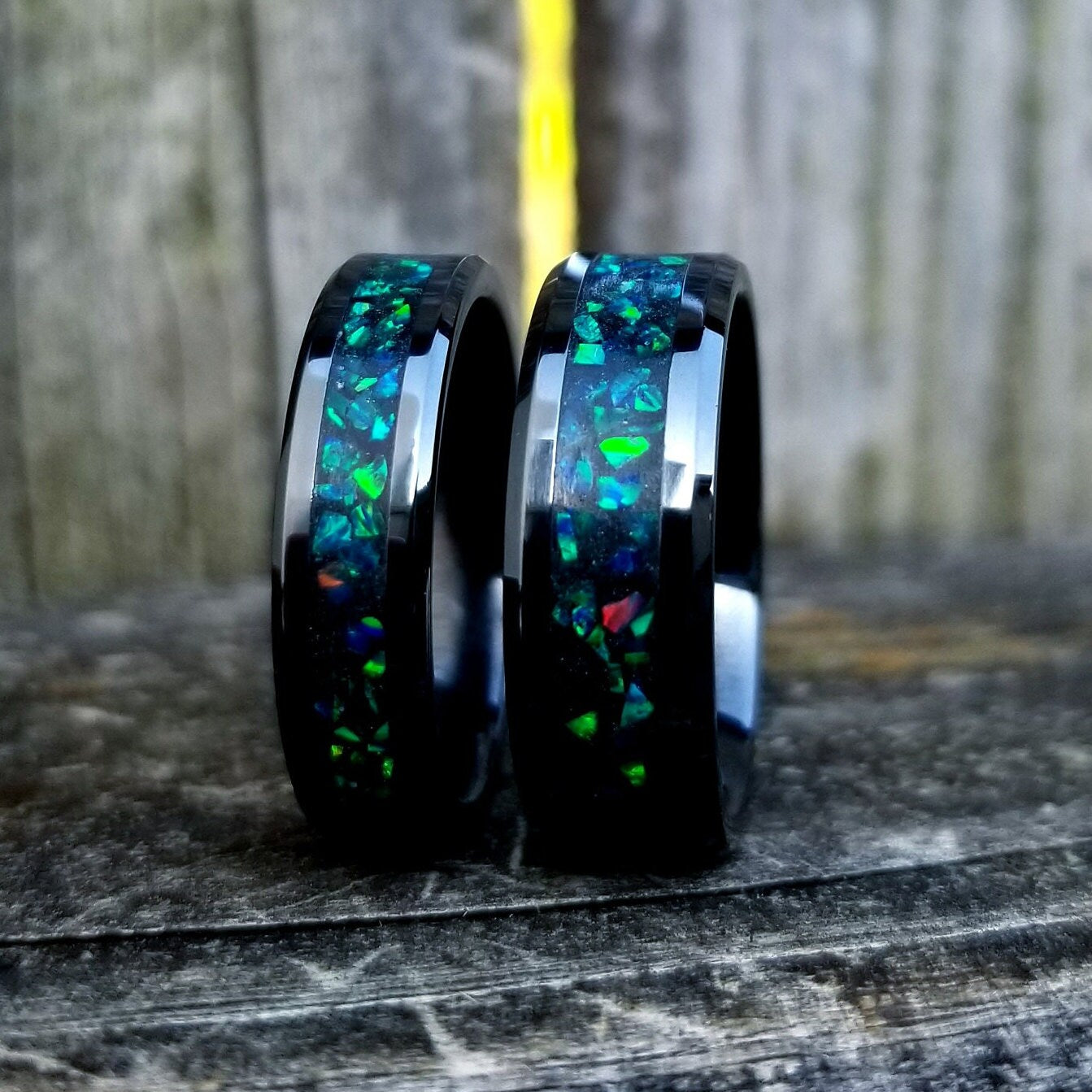 Black ceramic ring forest green opal glow ring. Black ceramic ring. green opal ring. Opal ring. Men's ring. Women's ring. Sizes 5-13