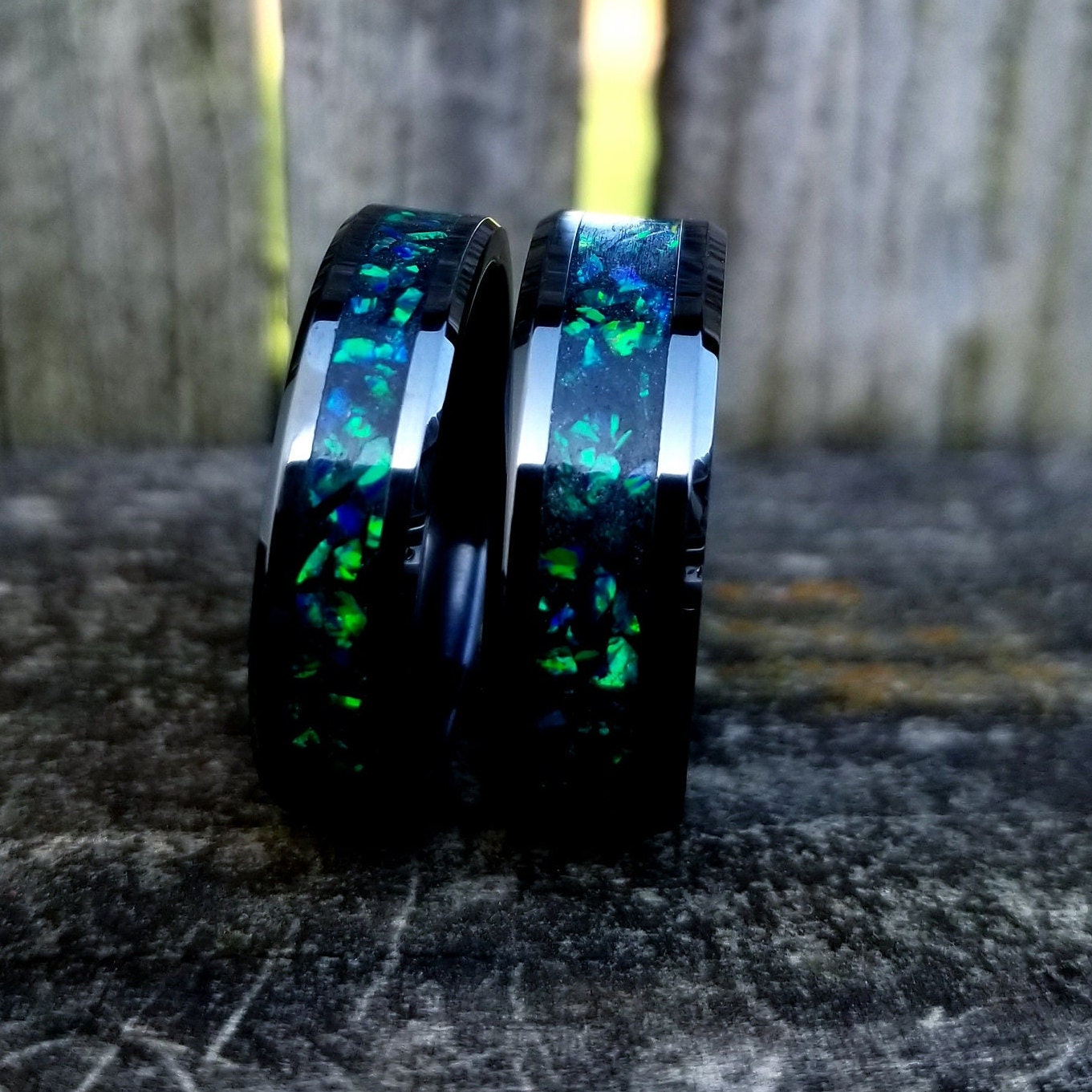 Black ceramic ring forest green opal glow ring. Black ceramic ring. green opal ring. Opal ring. Men's ring. Women's ring. Sizes 5-13