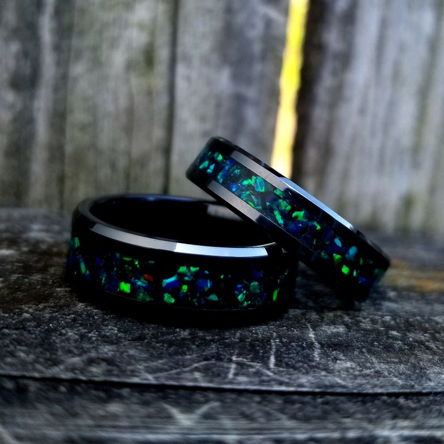 His and Hers Wedding Ring Set. Opal rings. Black Ceramic ring set with green fire opal and glowstone inlay. 8mm and 6mm rings. Sizes 5-13