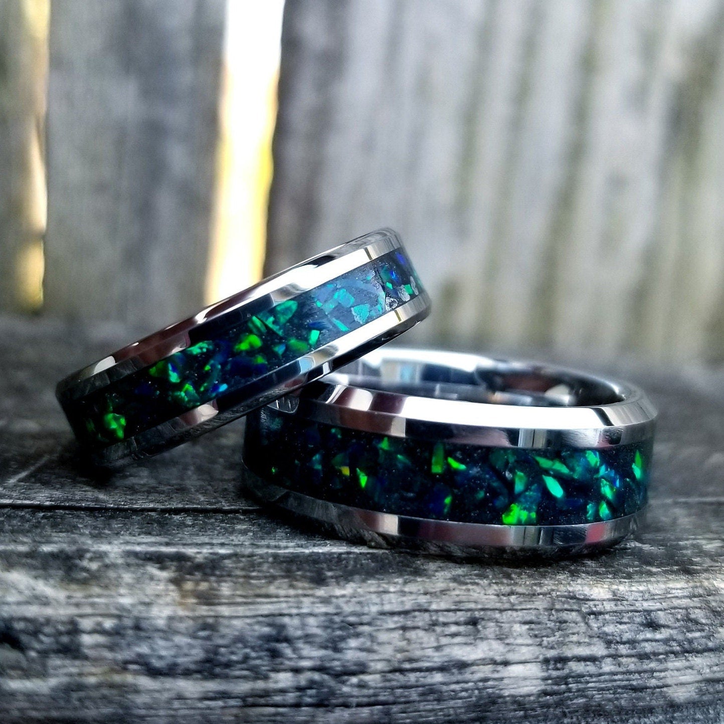 His and Hers Wedding Ring Set. Opal rings. Tungsten Carbide ring set with green fire opal and glowstone inlay. 8mm and 6mm rings. Sizes 5-13