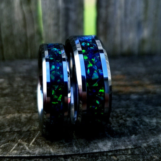 His and Hers Wedding Ring Set. Opal rings. Tungsten Carbide ring set with green fire opal and glowstone inlay. 8mm and 6mm rings. Sizes 5-13