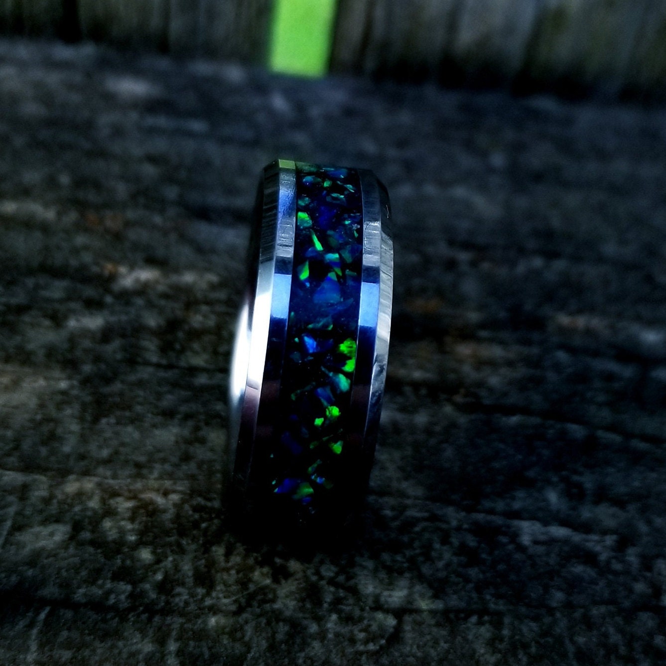 His and Hers Wedding Ring Set. Opal rings. Tungsten Carbide ring set with green fire opal and glowstone inlay. 8mm and 6mm rings. Sizes 5-13