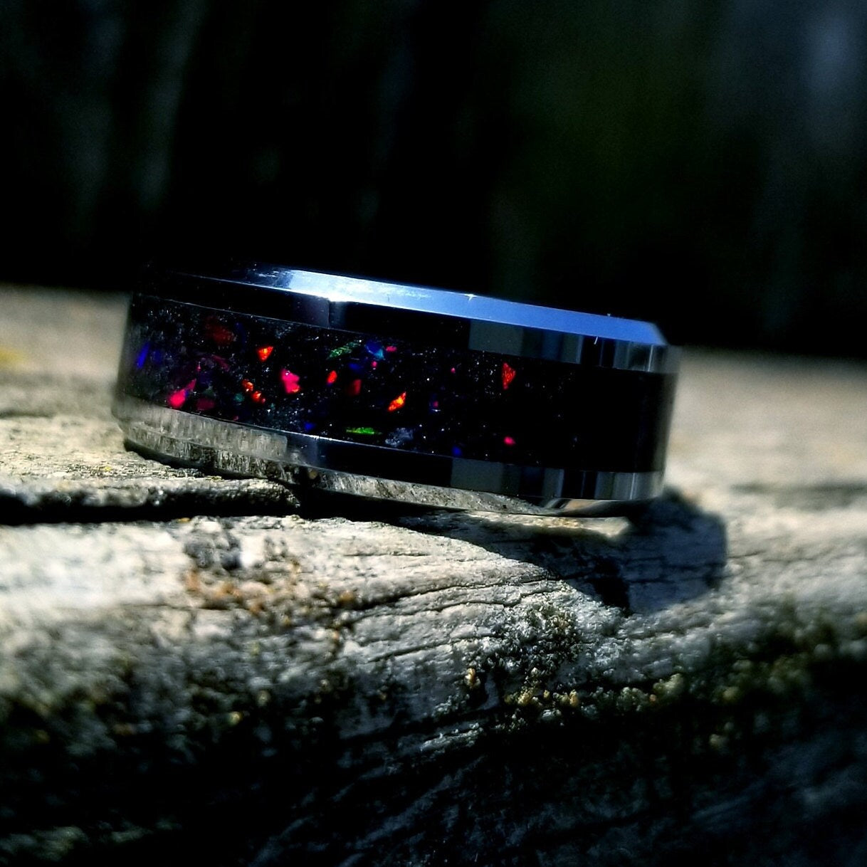 Tungsten carbide and fire opal blackout glow ring. Black ceramic ring. Black fire opal ring. Opal ring. Men's ring. Women's ring. Sizes 5-13