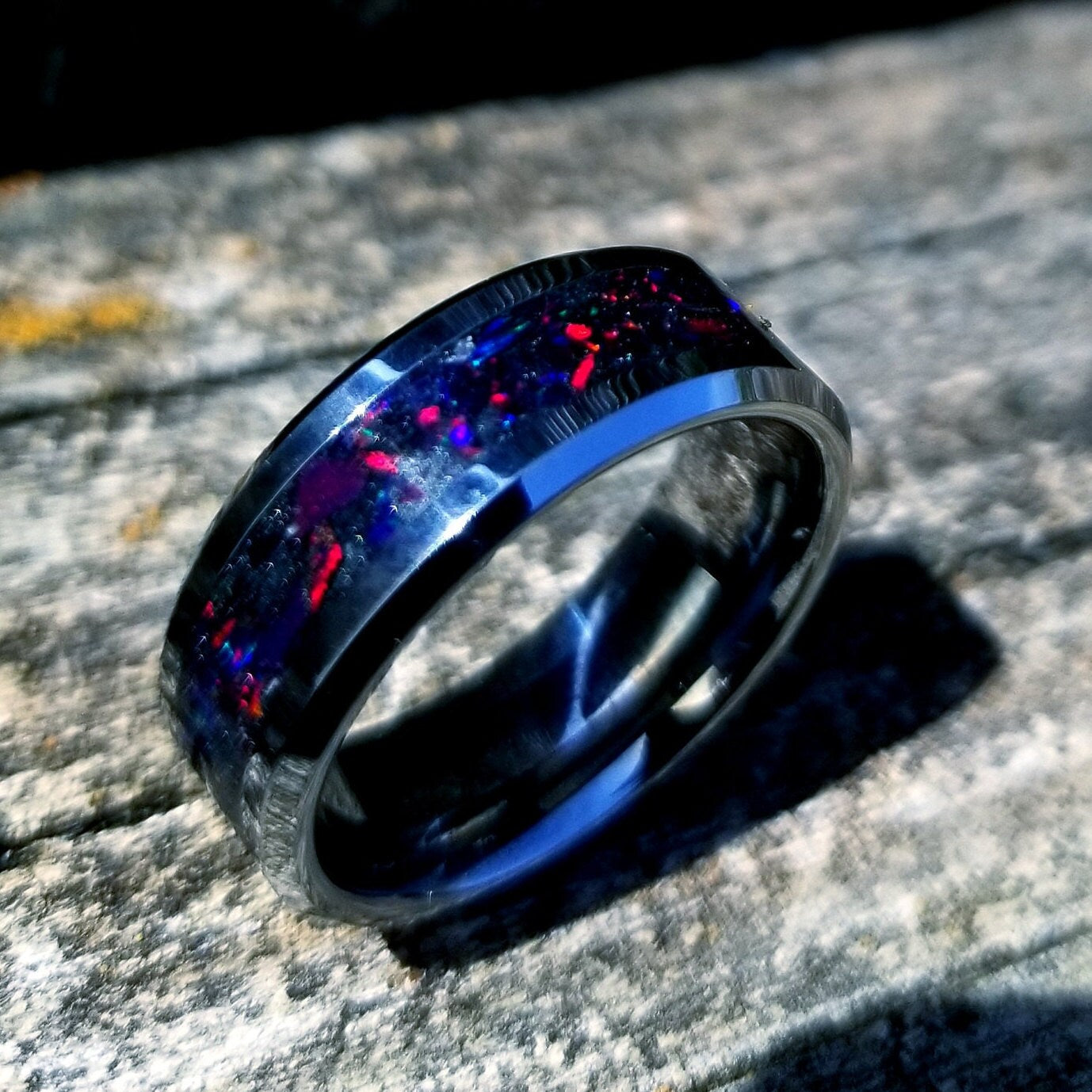 Tungsten carbide and fire opal blackout glow ring. Black ceramic ring. Black fire opal ring. Opal ring. Men's ring. Women's ring. Sizes 5-13