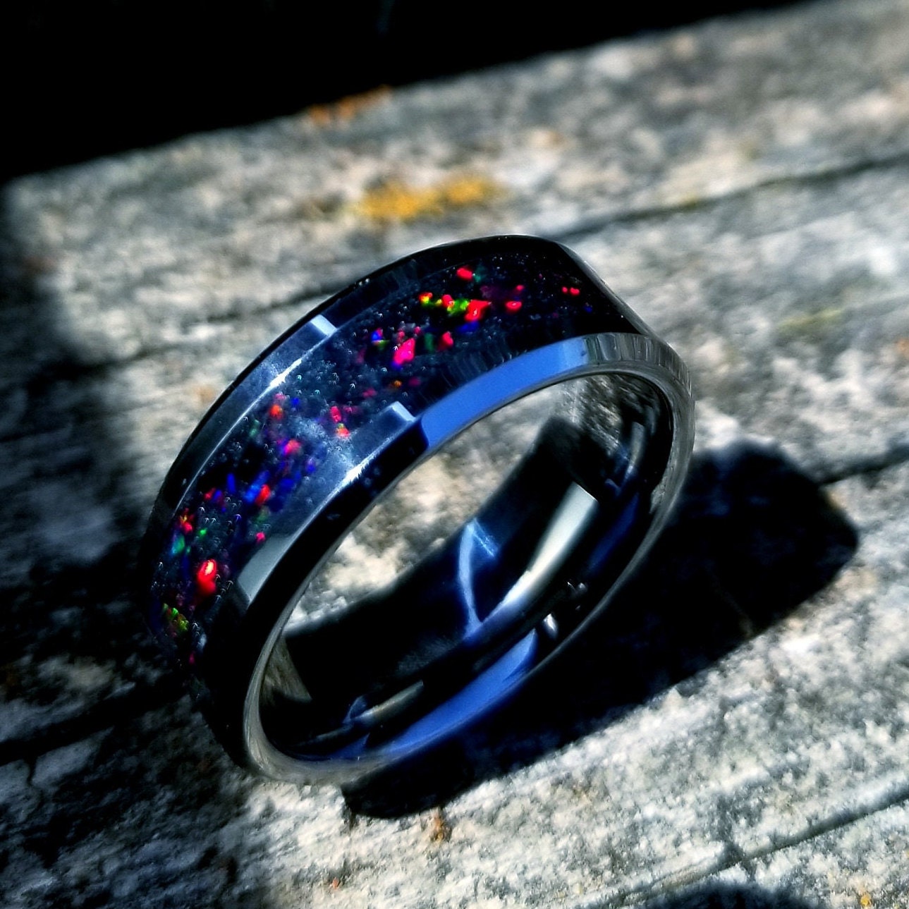 Tungsten carbide and fire opal blackout glow ring. Black ceramic ring. Black fire opal ring. Opal ring. Men's ring. Women's ring. Sizes 5-13