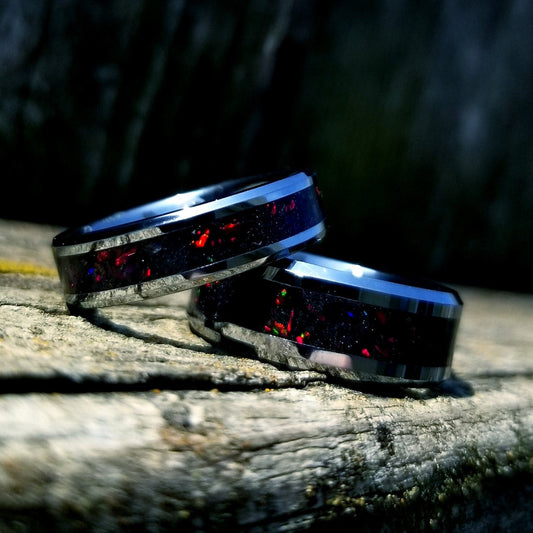 His and Hers Wedding Ring Set. Opal rings. Tungsten carbide ring set with black fire opal and glowstone inlay. 8mm and 6mm rings. Sizes 5-13