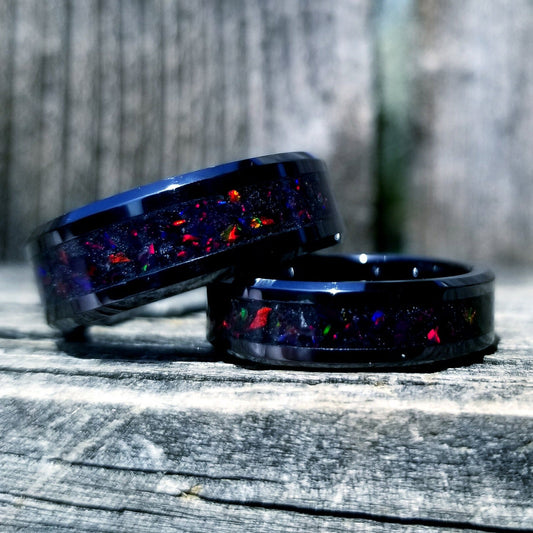 His and Hers Wedding Ring Set. Opal rings. Black ceramic ring set with black fire opal and glowstone inlay. 8mm and 6mm rings. Sizes 5-13