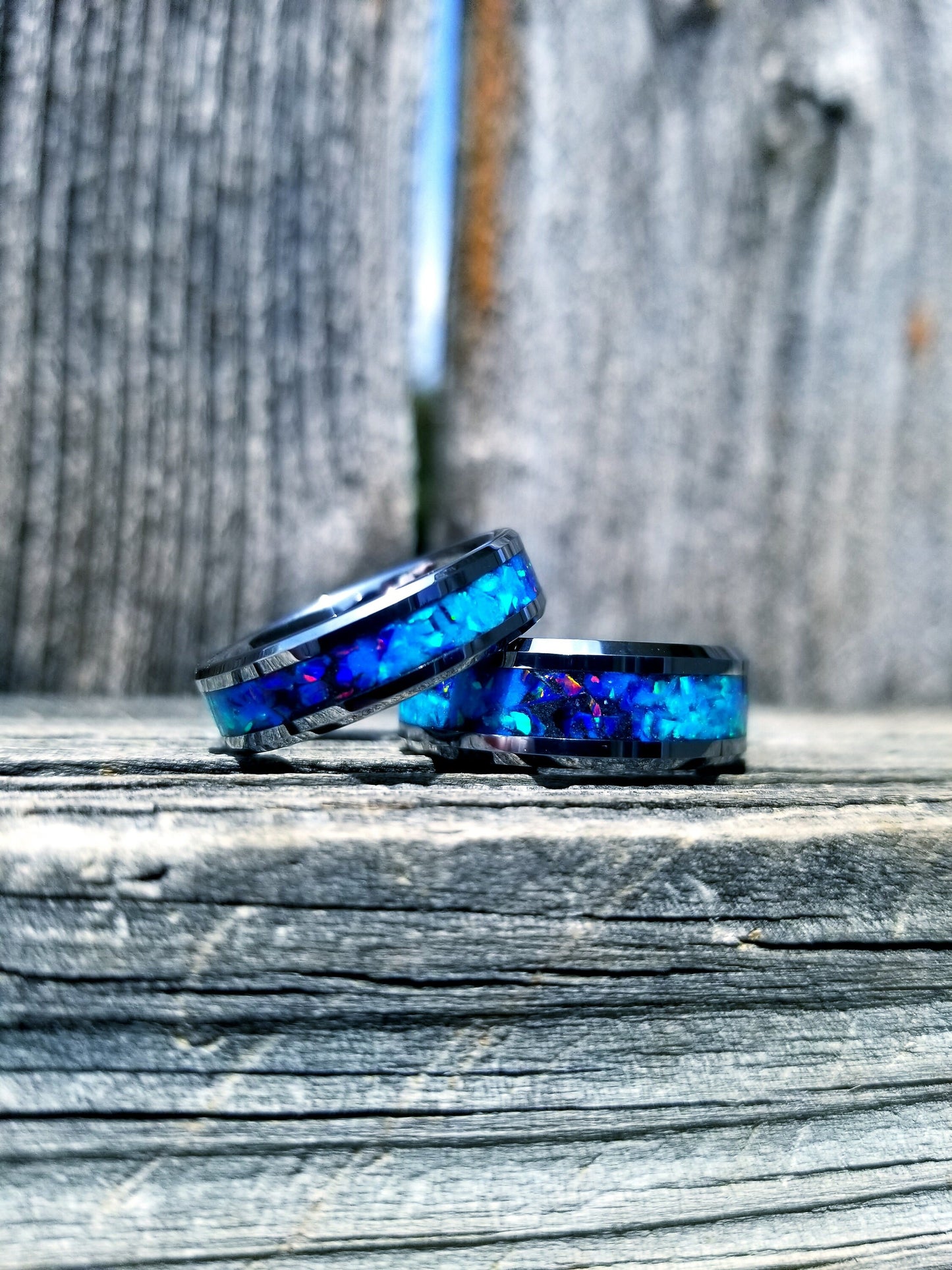 His and Hers wedding ring set. Galaxy fire opal ring. Tungsten glow ring set with turquoise opal and blue fire opal inlay. Sizes 5-13