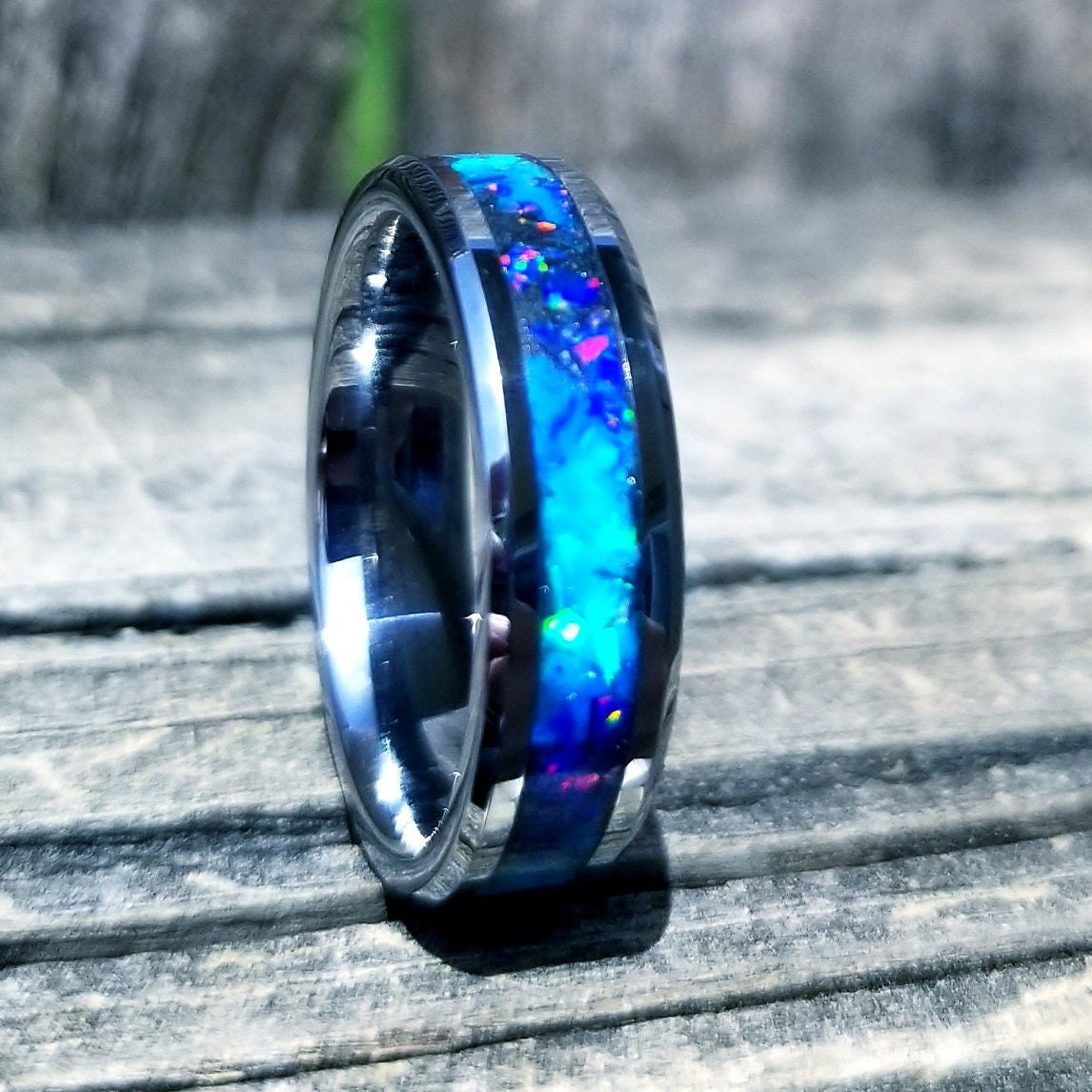 His and Hers wedding ring set. Galaxy fire opal ring. Tungsten glow ring set with turquoise opal and blue fire opal inlay. Sizes 5-13