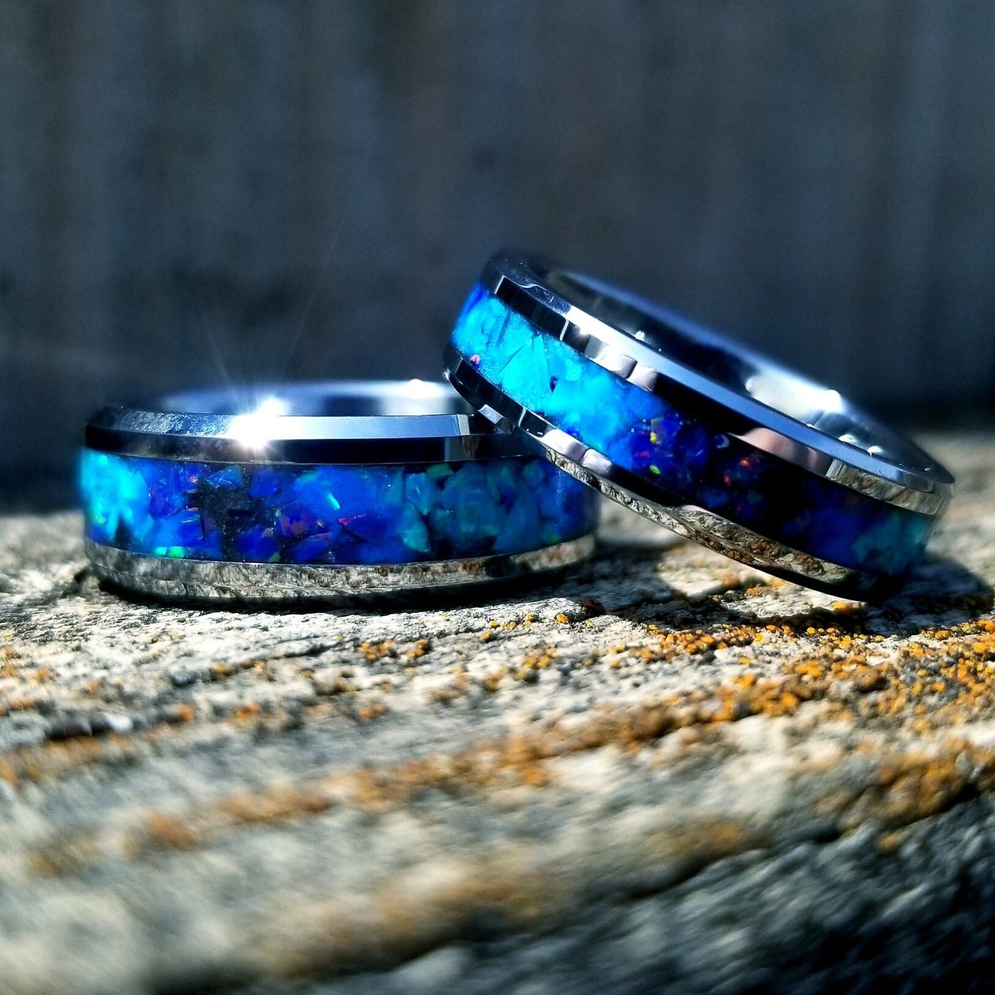Tungsten carbide glow ring with turquoise opal and blue fire opal inlay. Men's ring. Women's ring. Wedding ring. Glow ring Sizes 5-13