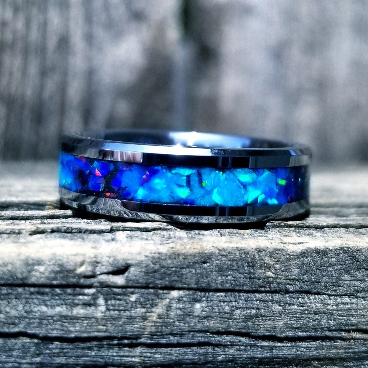 Tungsten carbide glow ring with turquoise opal and blue fire opal inlay. Men's ring. Women's ring. Wedding ring. Glow ring Sizes 5-13