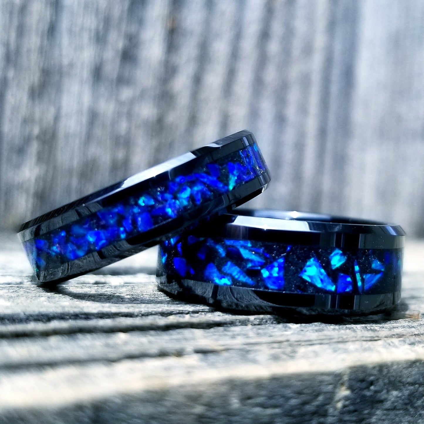 His and Hers Wedding Ring Set. Opal rings. Black Ceramic ring set with violet fire opal and glowstone inlay. 8mm and 6mm rings. Sizes 5-13