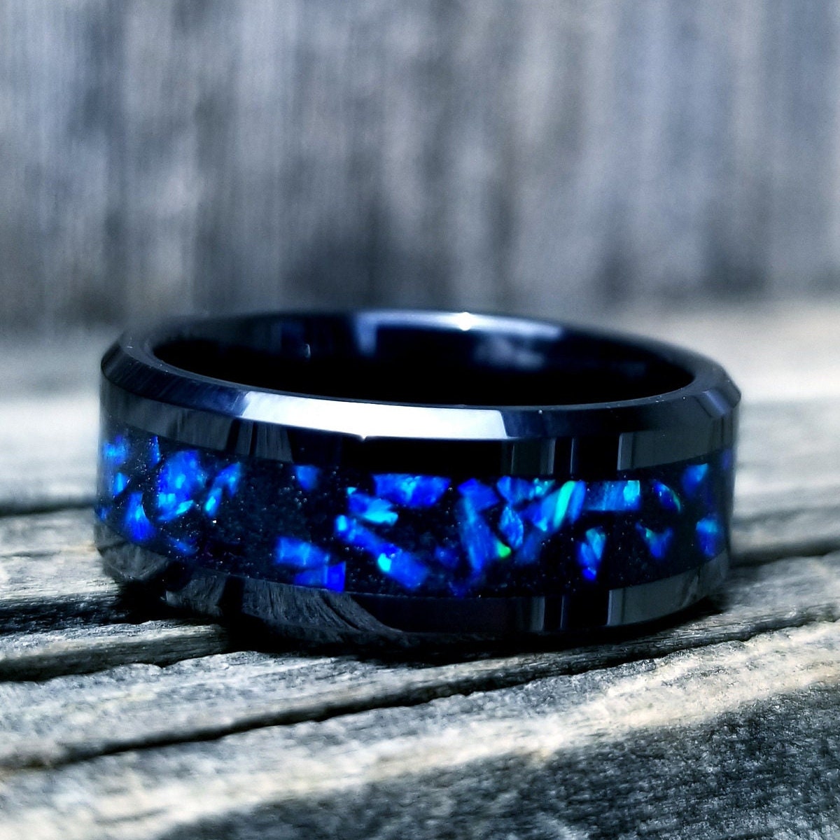 His and Hers Wedding Ring Set. Opal rings. Black Ceramic ring set with violet fire opal and glowstone inlay. 8mm and 6mm rings. Sizes 5-13