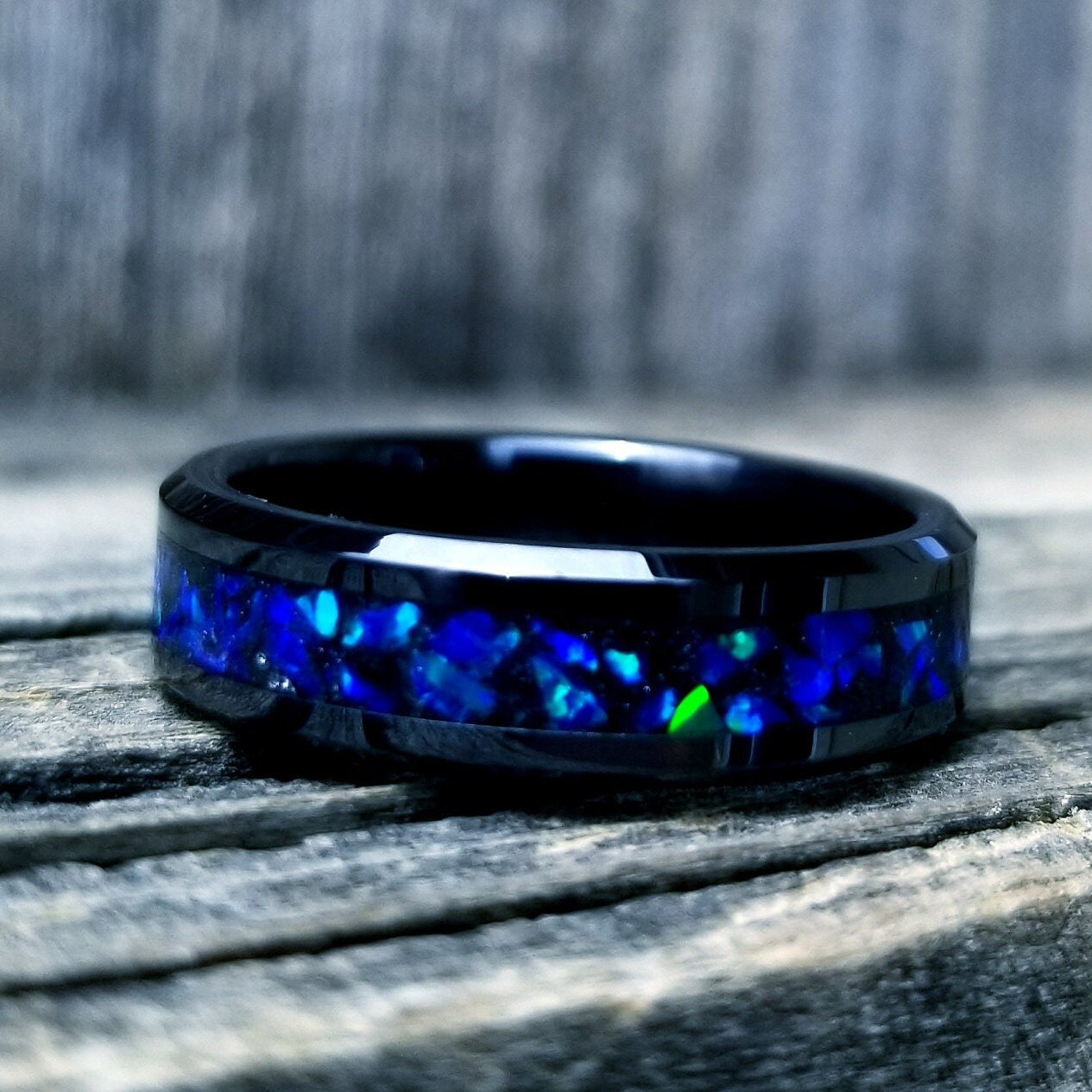 His and Hers Wedding Ring Set. Opal rings. Black Ceramic ring set with violet fire opal and glowstone inlay. 8mm and 6mm rings. Sizes 5-13
