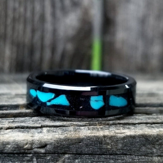 black ceramic glow ring with turquoise inlay. Glow ring. black glow ring, Men's ring. Woman's ring. ceramic ring. Turquoise ring. Sizes 5-13